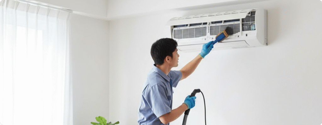 Technician performing professional aircon service and cleaning on a wall-mounted air conditioner in Singapore.